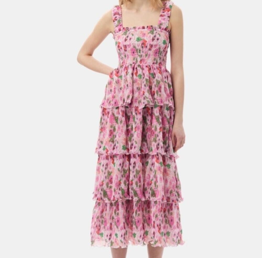 Ganni Pink Floral Smocked Tiered Georgette Midi Dress Size L Feminine Coquette